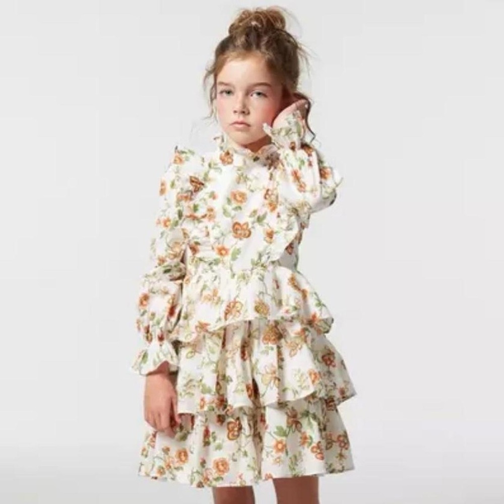 Janie and Jack White Floral Ruffle Tiered Dress with Orange and Green Accents